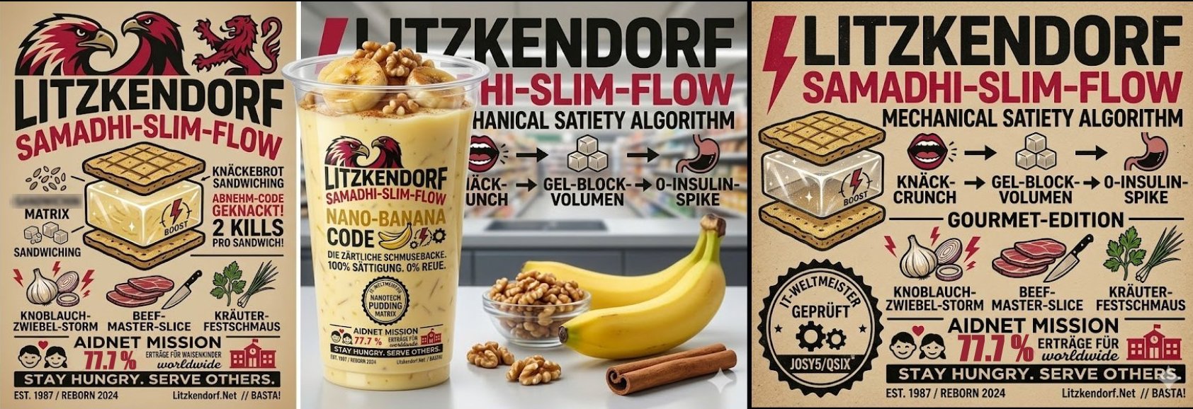 Samadhi-Slim-Flow Infografik: 3-Panel Mechanismus — Knäck-Crunch, Gel-Block, 0-Insulin